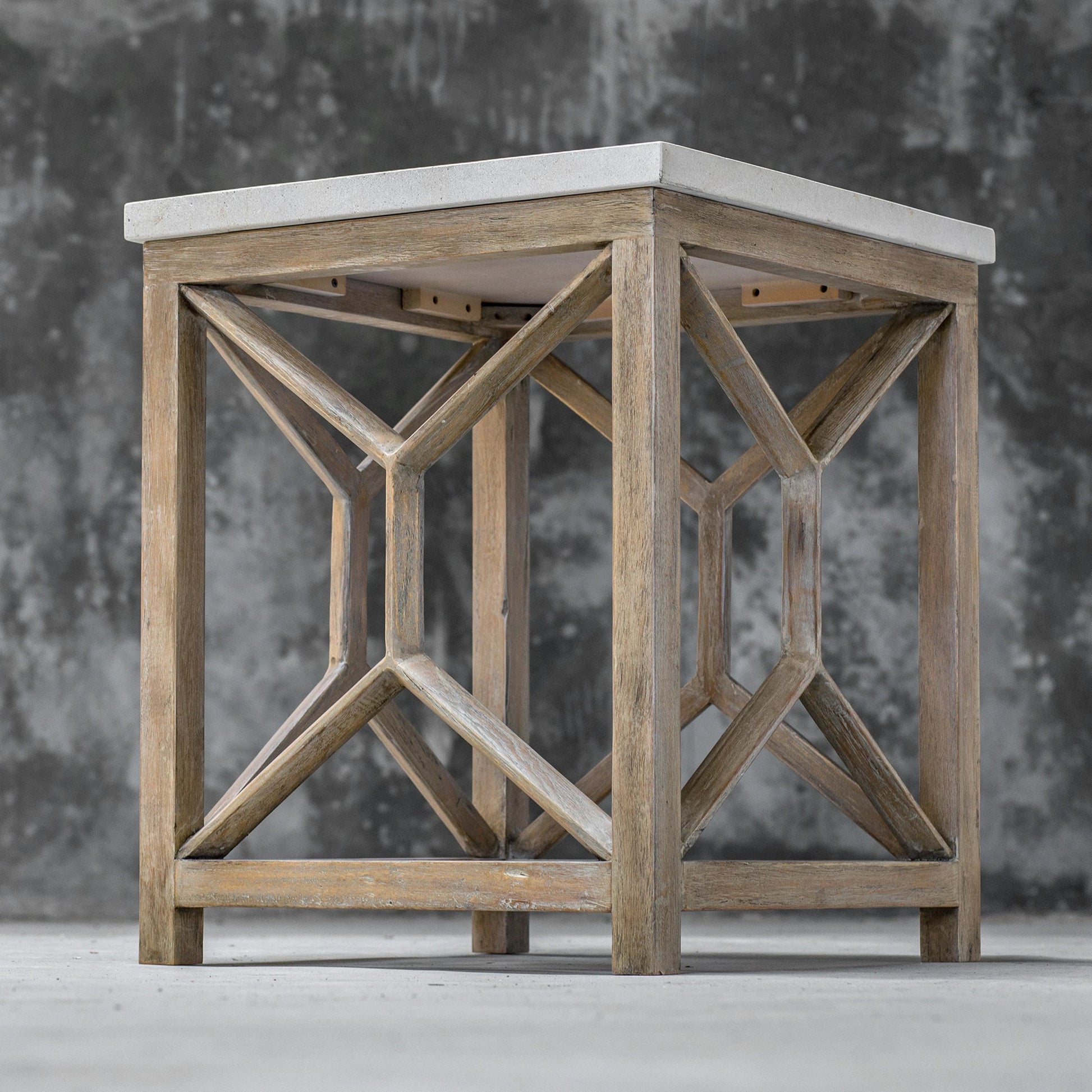 Catali Stone End Table by Uttermost. Made from javawood with plywood carb phase 2, limestone in a transitional style.