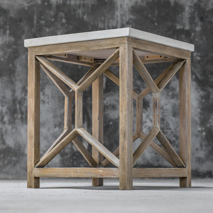 Catali Stone End Table by Uttermost. Made from javawood with plywood carb phase 2, limestone in a transitional style.