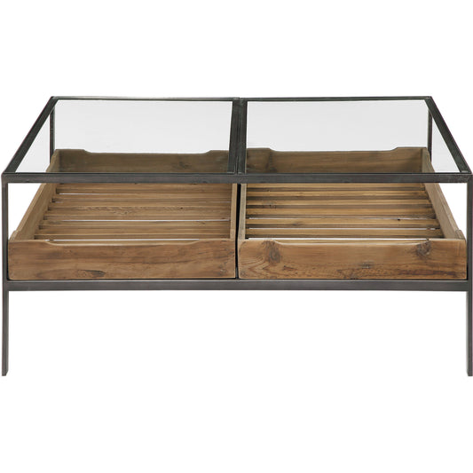 Silas Coffee Table by Uttermost. Made from recycled pine, irontempered glass in a modern style.