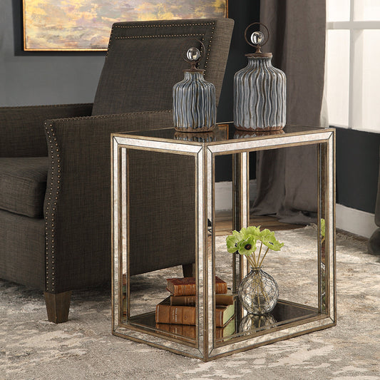 Julie Mirrored End Table by Uttermost. Made from mdf, wood in a transitional style.