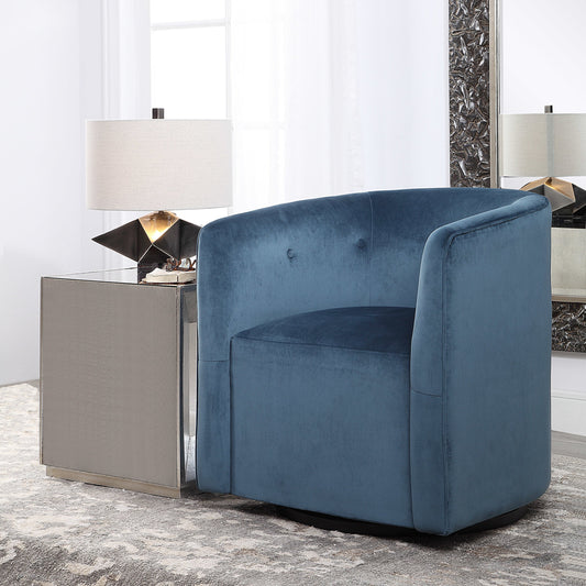 Mallorie Swivel Chair by Uttermost in blue. Made from birch wood, plywood, fabric, foam in a modern style.