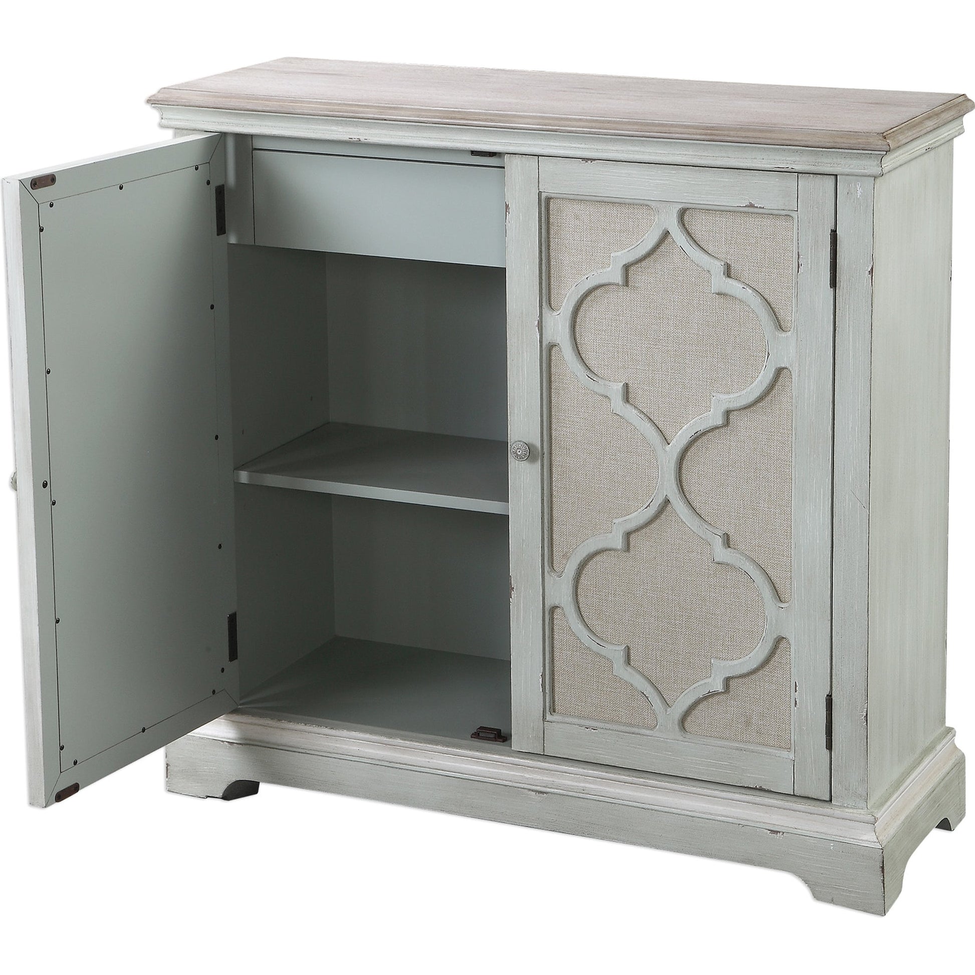 Sophie Cabinet by Uttermost. Made from alm veneer, mdf, linen in a cottage & farmhouse style.