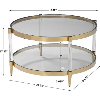 Kellen Coffee Table by Uttermost in gold. Made from stainless steel, glass, acrylic in a transitional style.