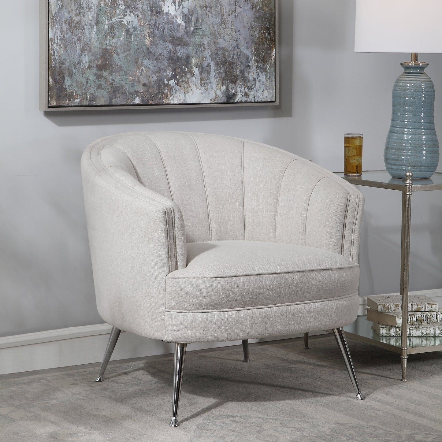 007 SR-388975 | Additional Silo | Janie Accent Chair by Uttermost in polished nickel. Made from fabric, plywood, foam, iron in a modern style.