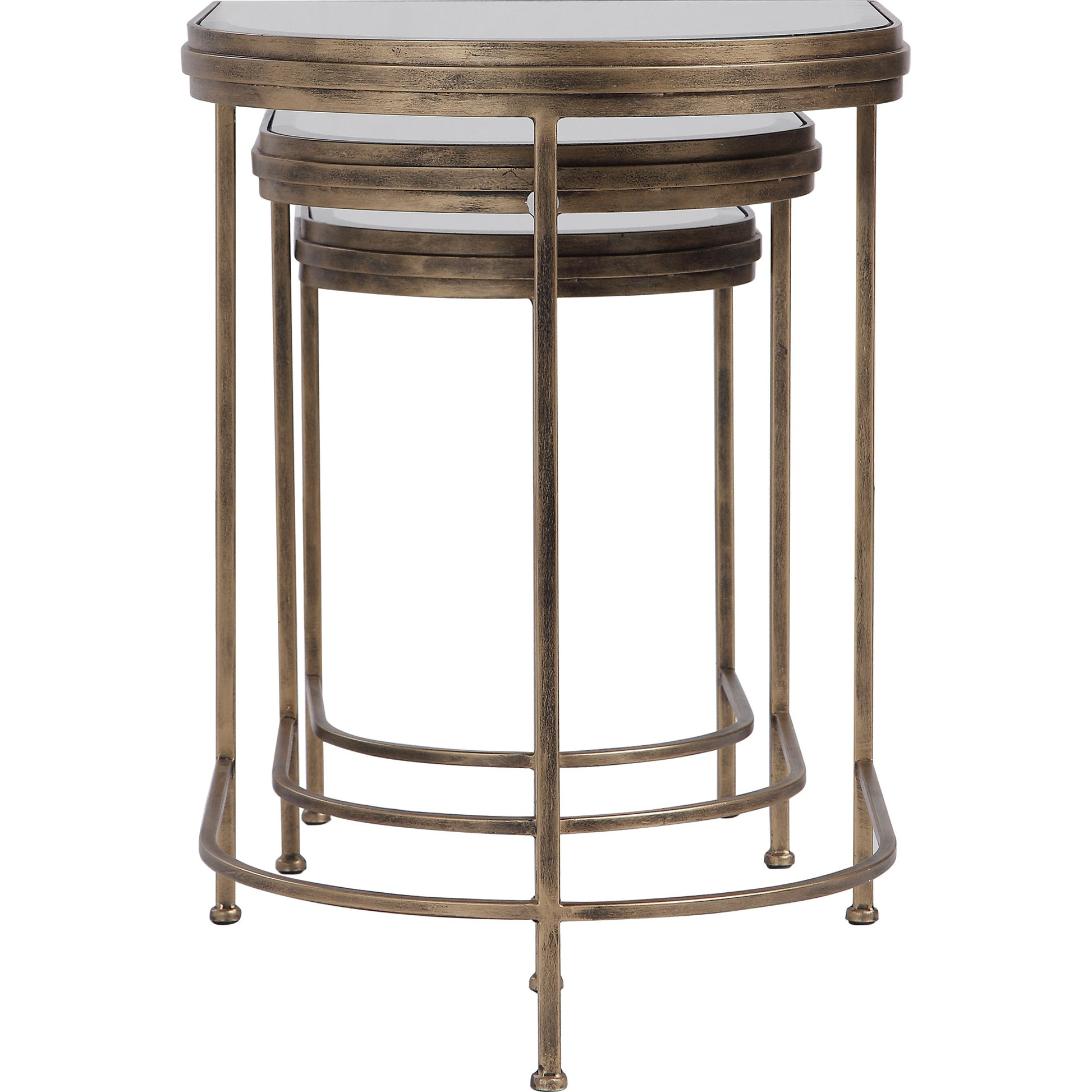 India Nesting Tables by Uttermost in antique brushed gold. Made from mirror 45%, iron 55% in a transitional style.