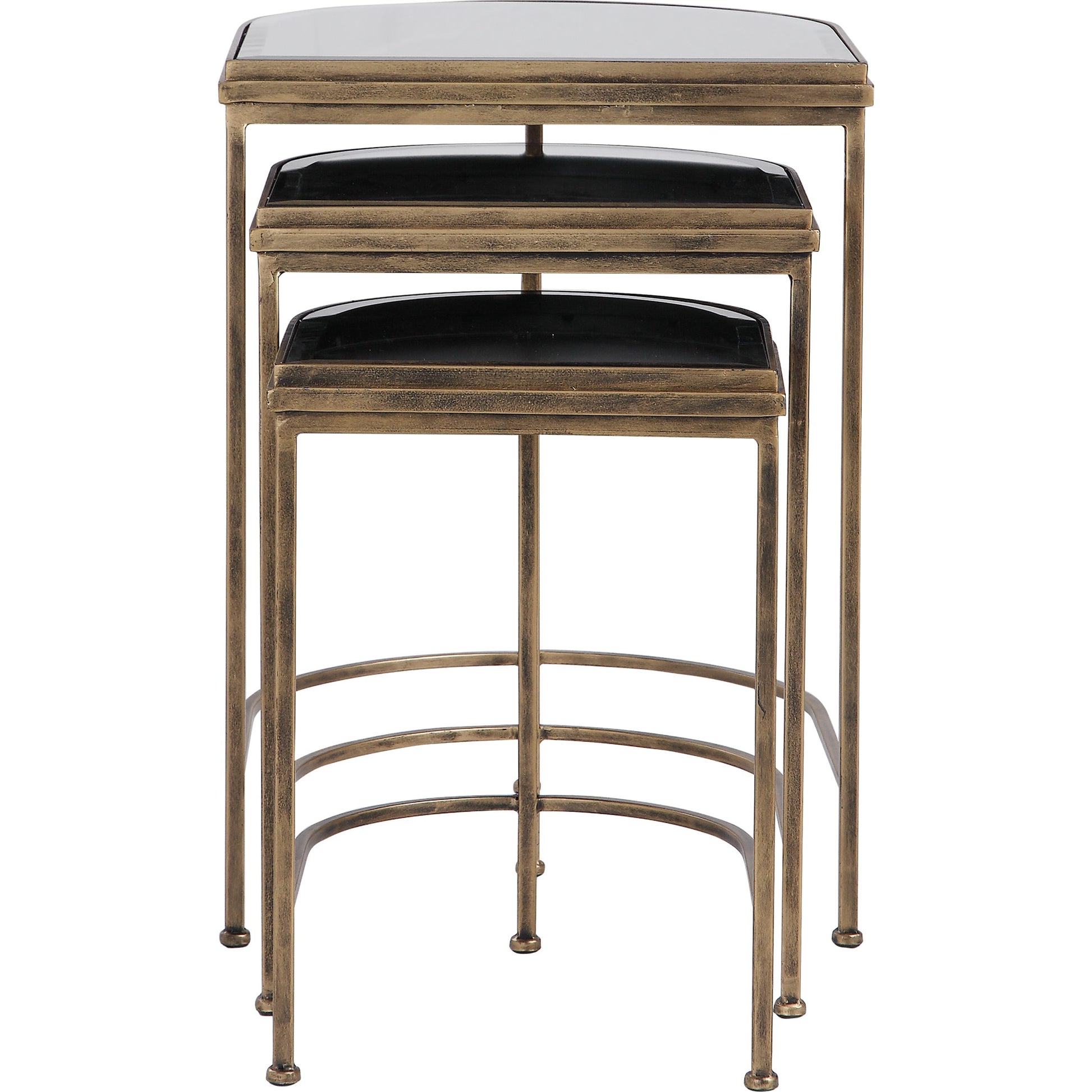 India Nesting Tables by Uttermost in antique brushed gold. Made from mirror 45%, iron 55% in a transitional style.