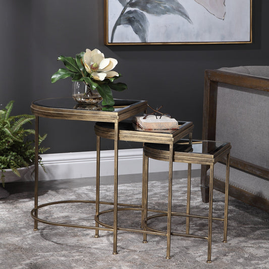 India Nesting Tables by Uttermost in antique brushed gold. Made from mirror 45%, iron 55% in a transitional style.