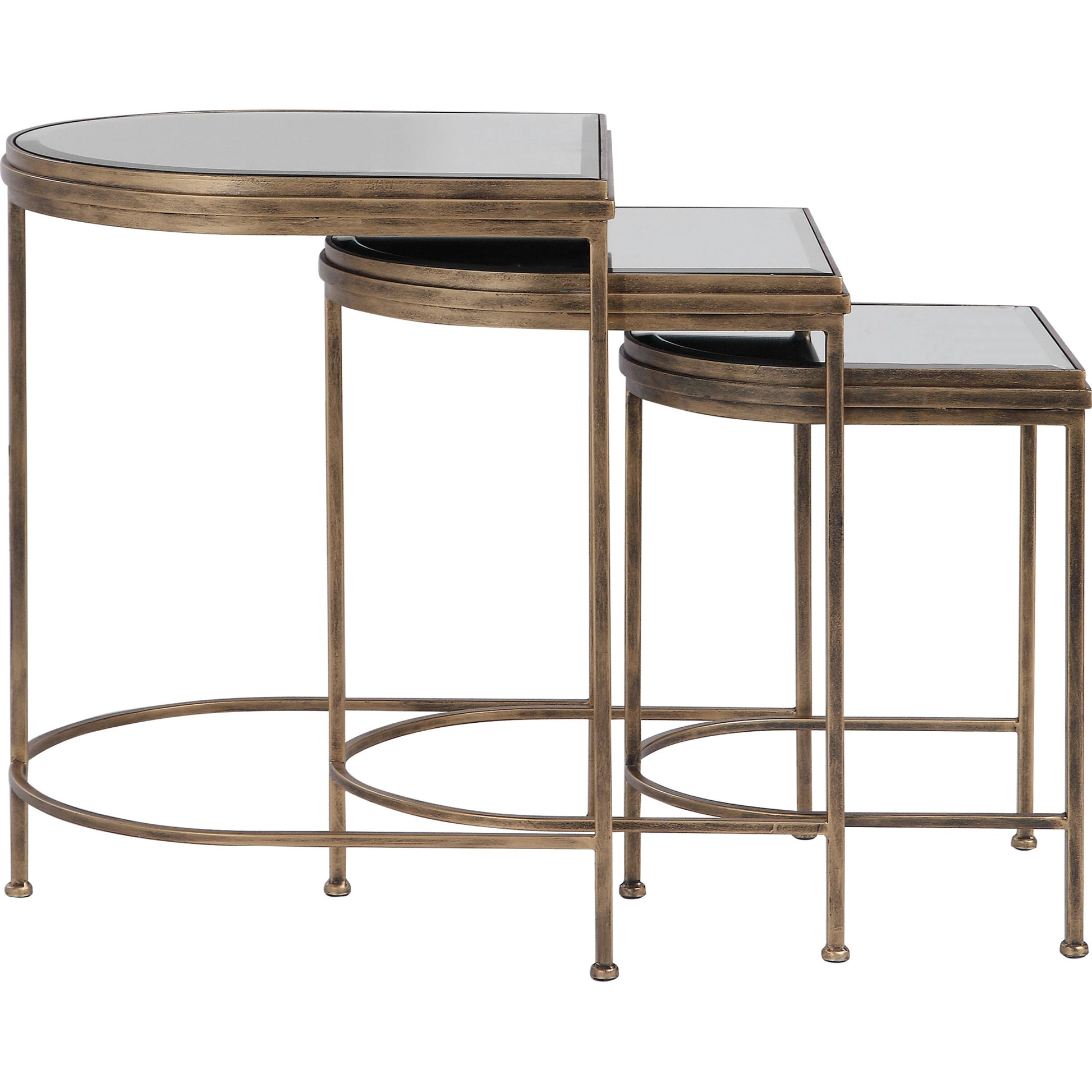 India Nesting Tables by Uttermost in antique brushed gold. Made from mirror 45%, iron 55% in a transitional style.