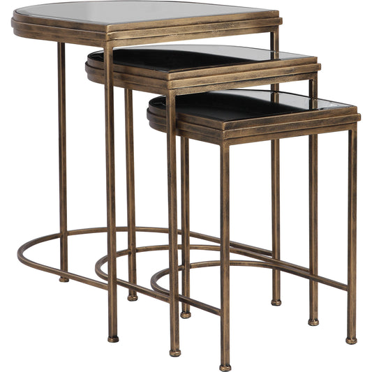 India Nesting Tables by Uttermost in antique brushed gold. Made from mirror 45%, iron 55% in a transitional style.
