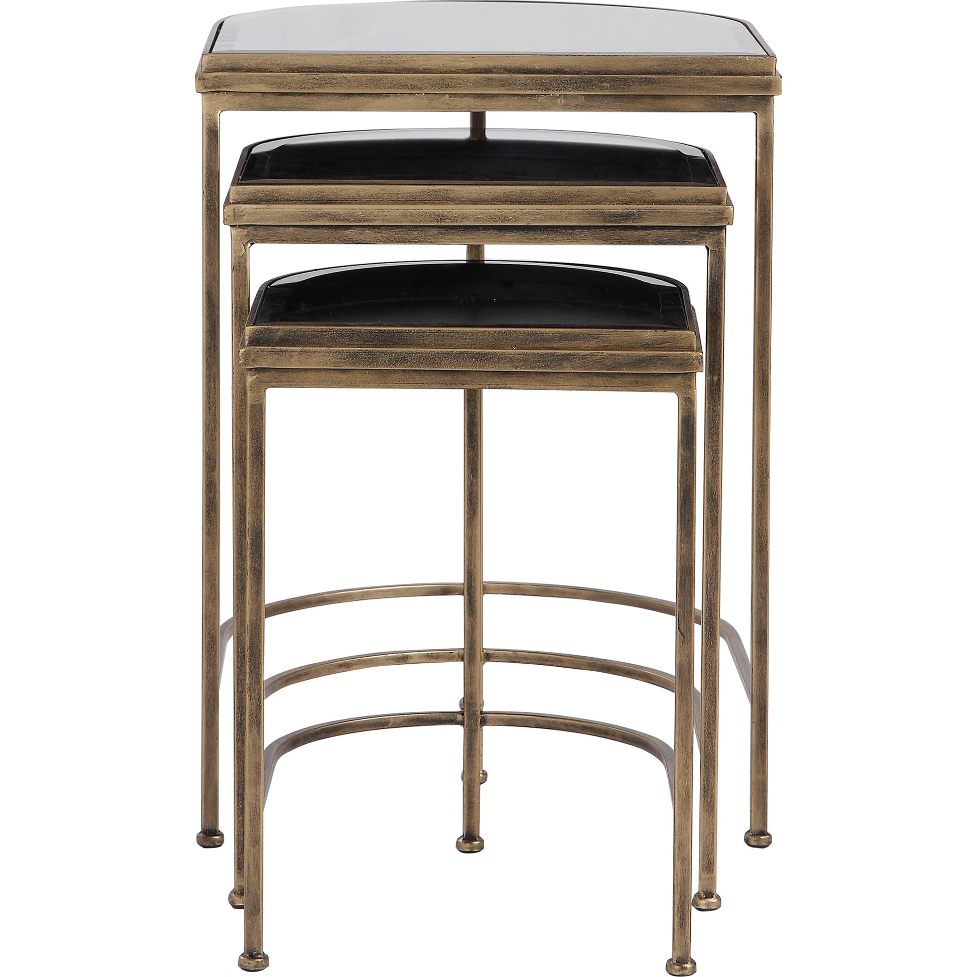 India Nesting Tables by Uttermost in antique brushed gold. Made from mirror 45%, iron 55% in a transitional style.
