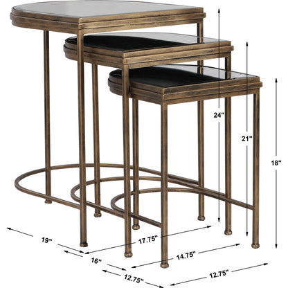 India Nesting Tables by Uttermost in antique brushed gold. Made from mirror 45%, iron 55% in a transitional style.