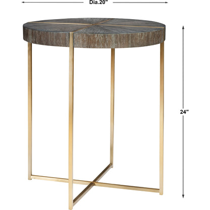 Taja Round Accent Table by Uttermost in dark walnut, gray. Made from stainless steel, acacia veneered mdf top in a modern style.