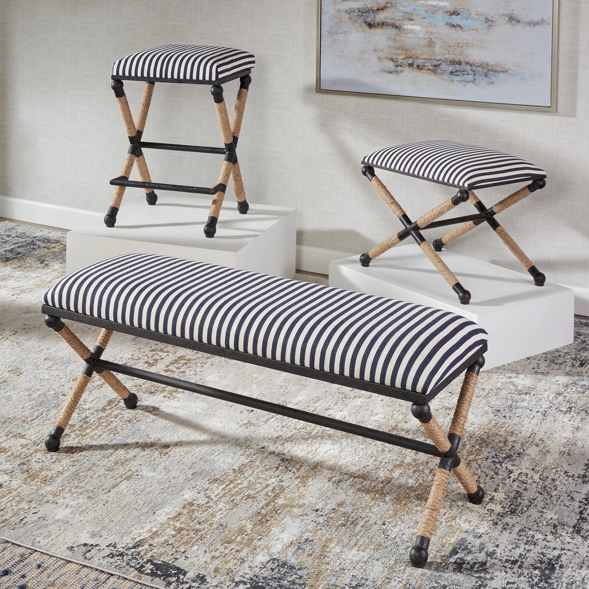 Braddock Bench by Uttermost in navy, cream. Made from iron, mdf, rope, foam, fabric in a coastal style.