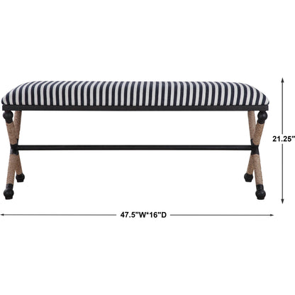 Braddock Bench by Uttermost in navy, cream. Made from iron, mdf, rope, foam, fabric in a coastal style.