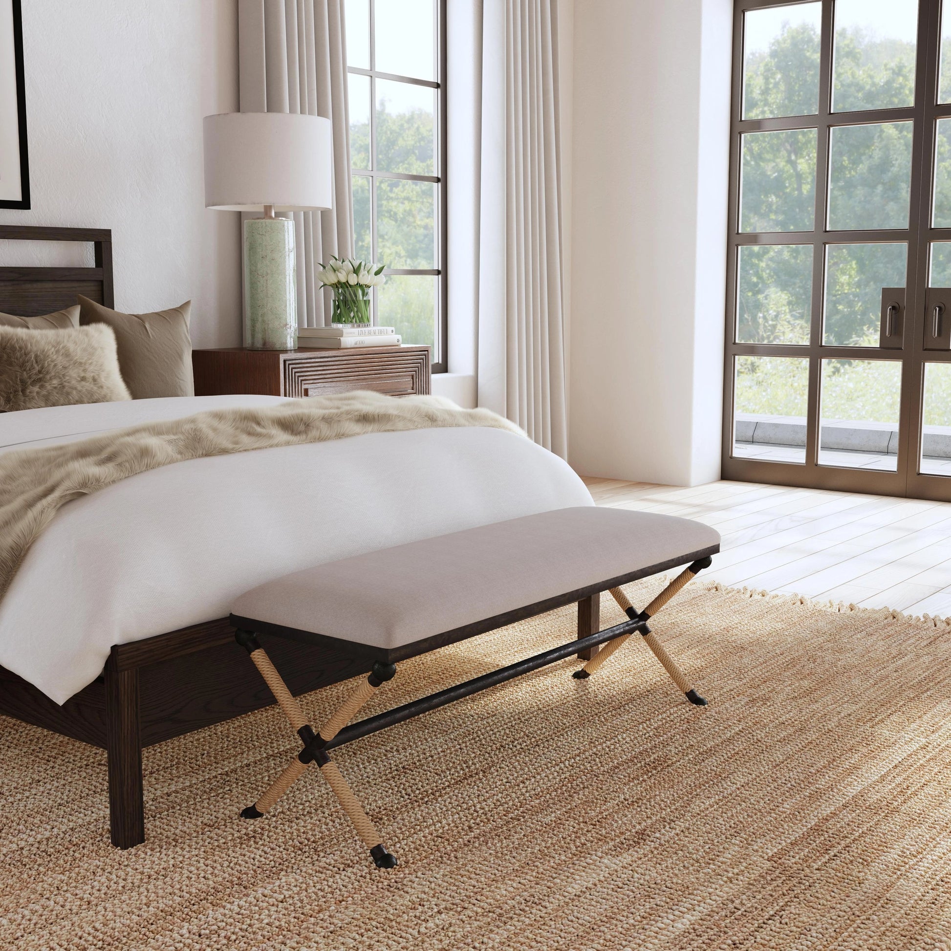 Firth Bench by Uttermost. Made from iron, mdf, rope, foam, fabric in a coastal style.