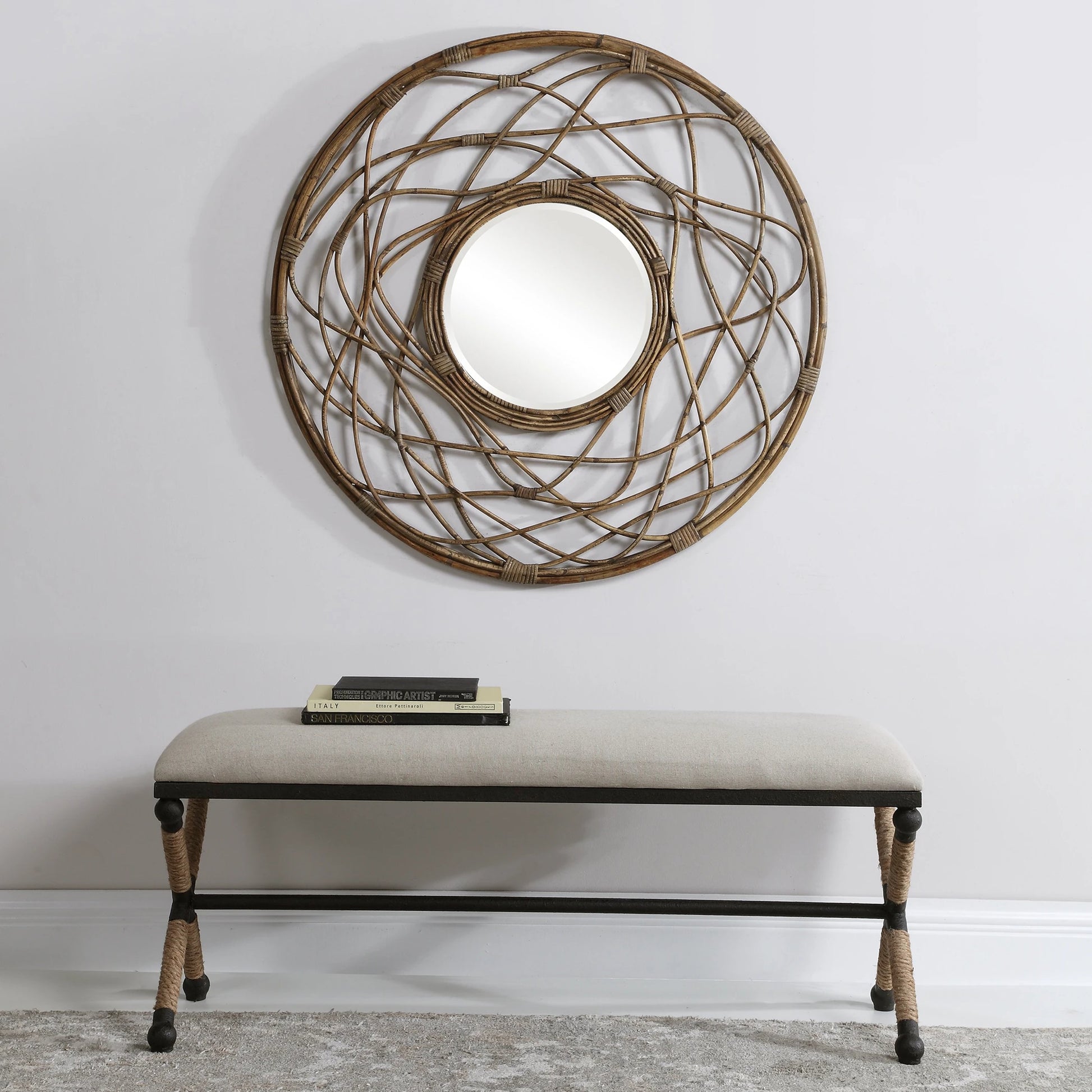 Firth Bench by Uttermost. Made from iron, mdf, rope, foam, fabric in a coastal style.