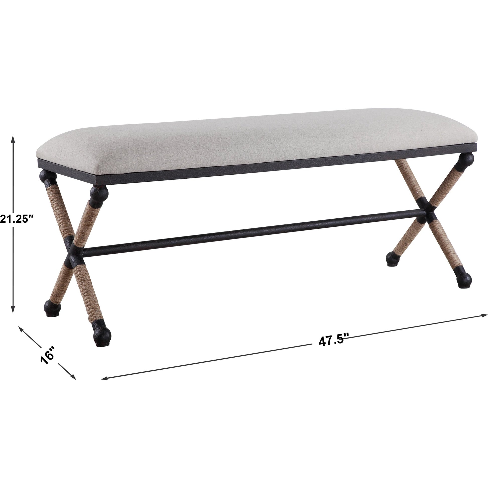 Firth Bench by Uttermost. Made from iron, mdf, rope, foam, fabric in a coastal style.