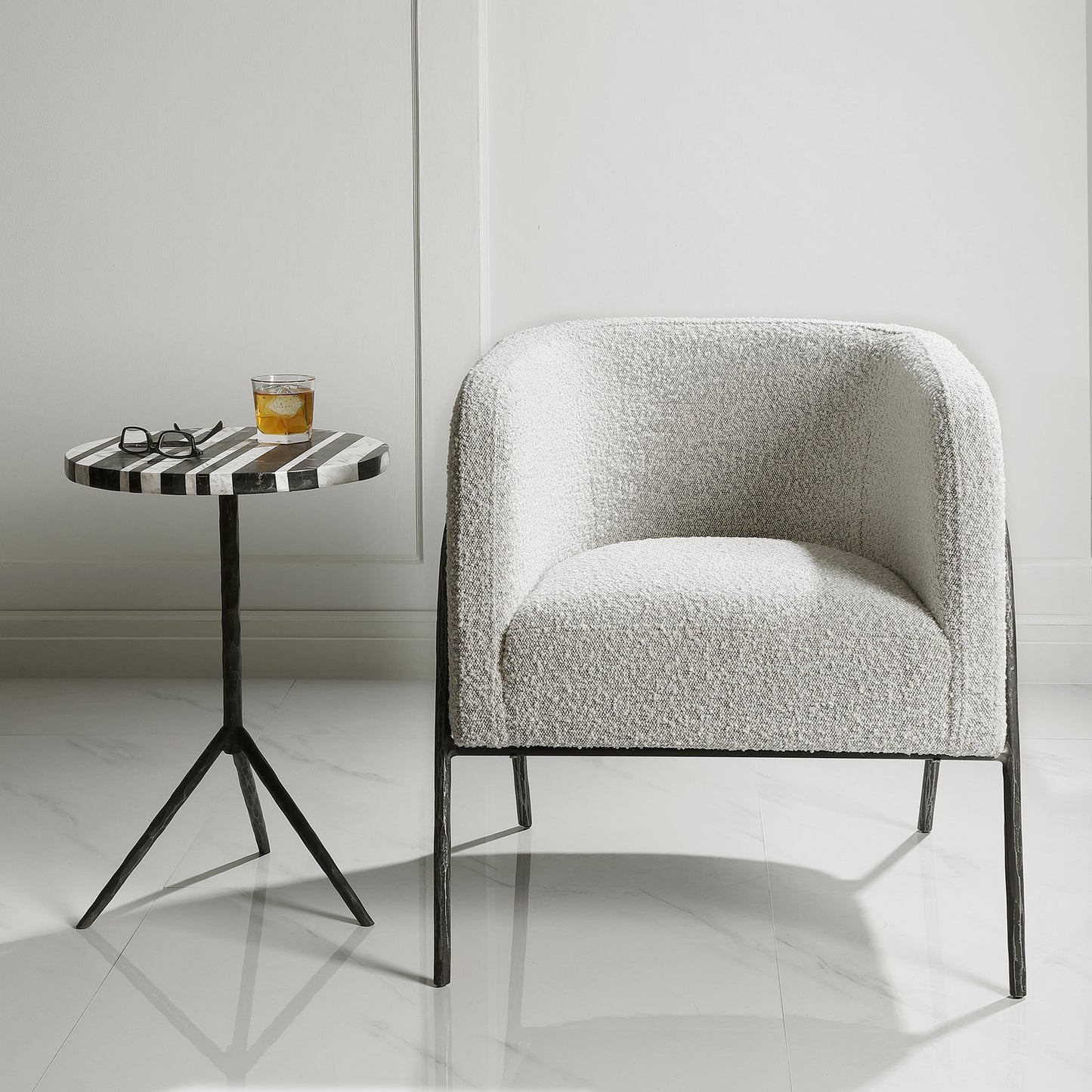008 SR-824177 | Lifestyle | Jacobsen Accent Chair by Uttermost in ivory, warm gray and iron. Made from fabric, foam, plywood, iron in a modern style.