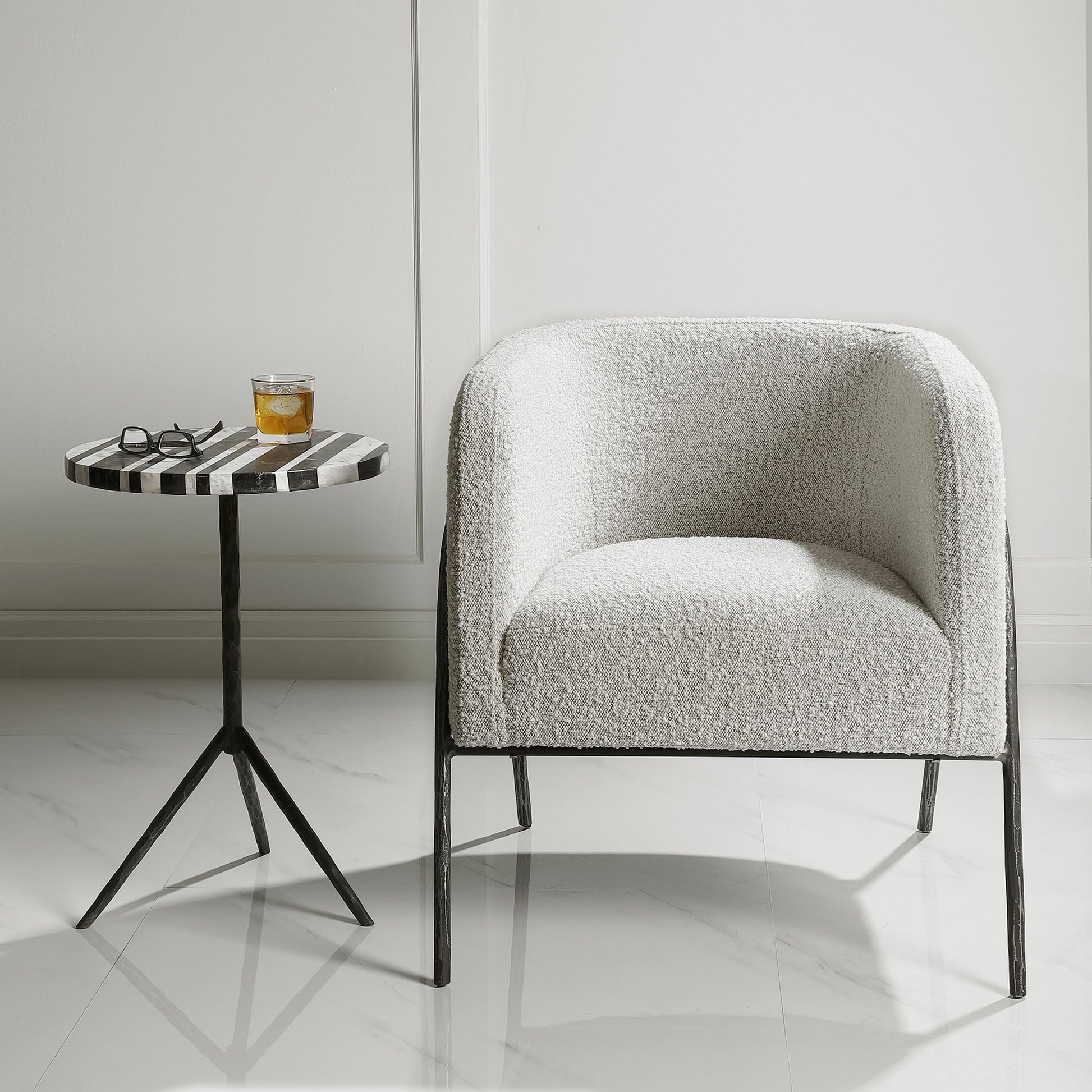 Jacobsen Accent Chair by Uttermost in ivory, warm gray and iron. Made from fabric, foam, plywood, iron in a modern style.