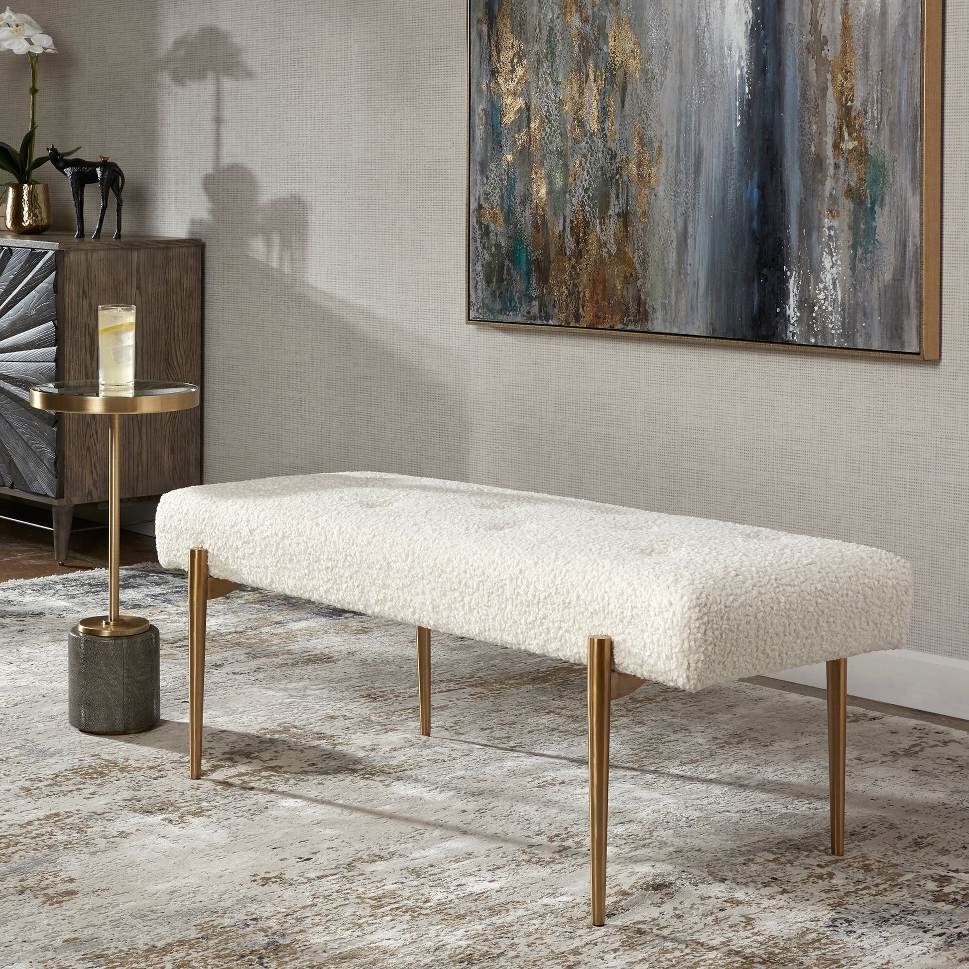 Olivier Bench by Uttermost. Made from stainless steel, fabric, plywood, foam in a modern style.