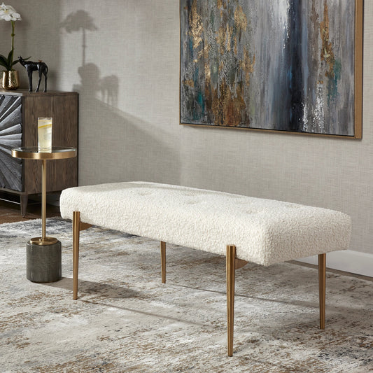 Olivier Bench by Uttermost in white. Made from stainless steel, fabric, plywood, foam in a modern style.