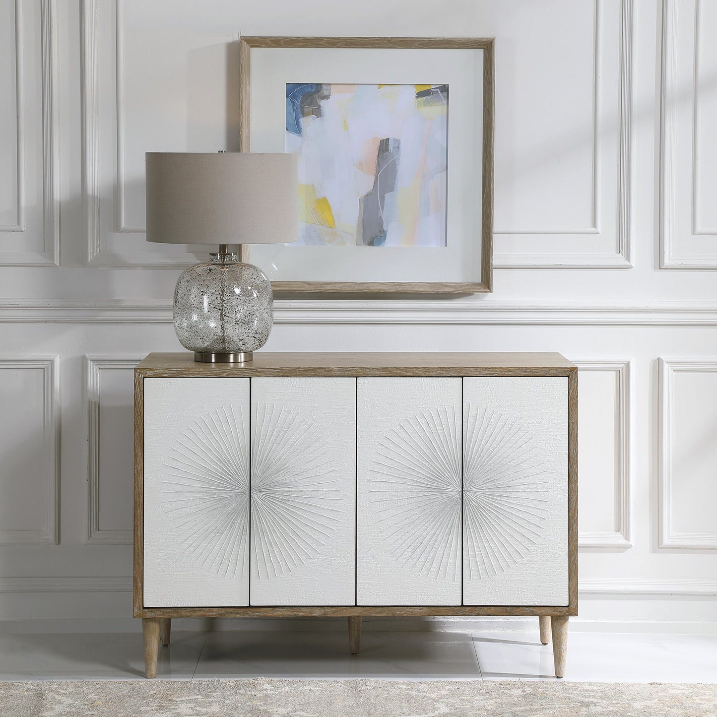 004 SR-824199 | Lifestyle | Dani Cabinet by Uttermost in white. Made from rubber wood, plywood, mdf, oak veneer in a modern style.