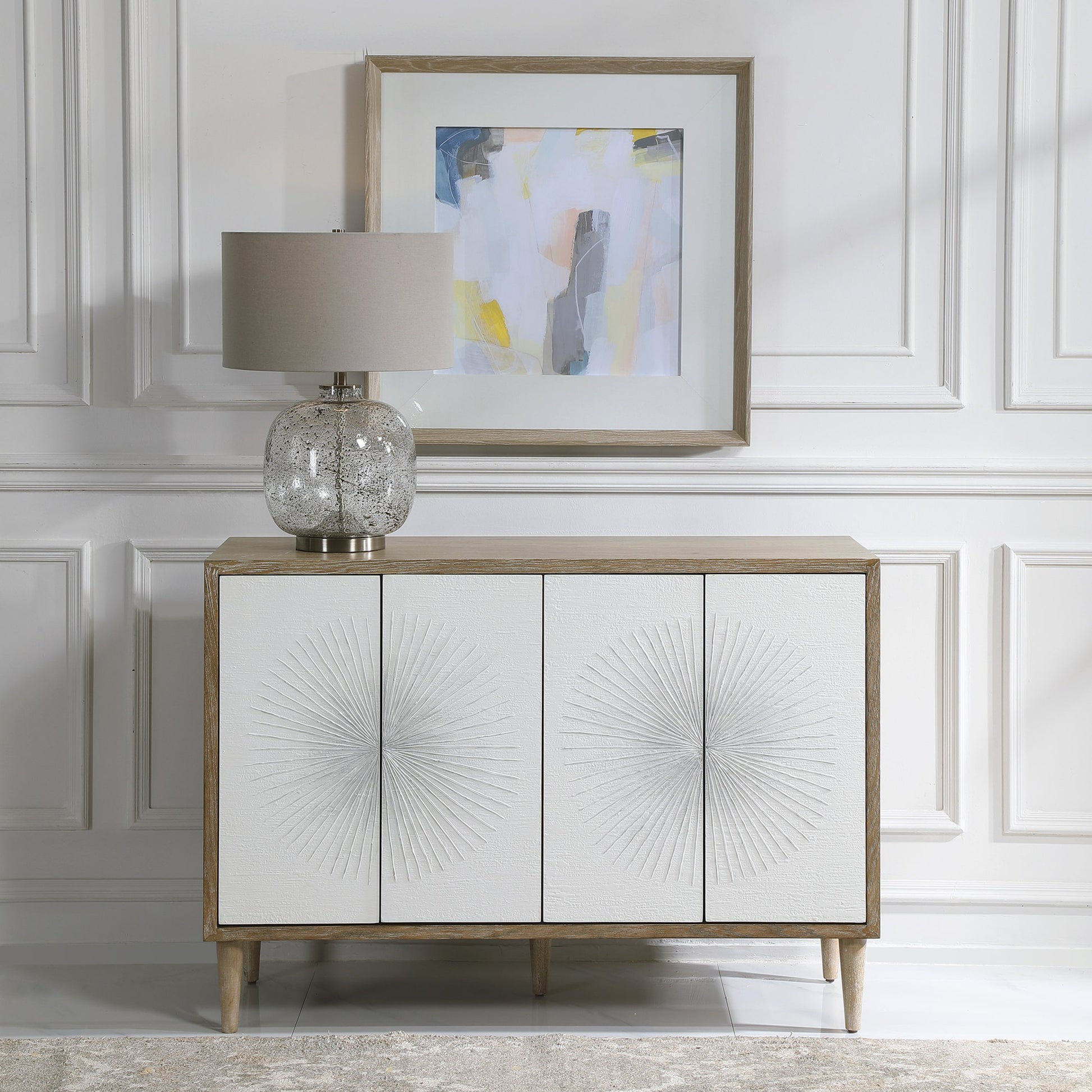 Dani Cabinet by Uttermost in white. Made from rubber wood, plywood, mdf, oak veneer in a modern style.