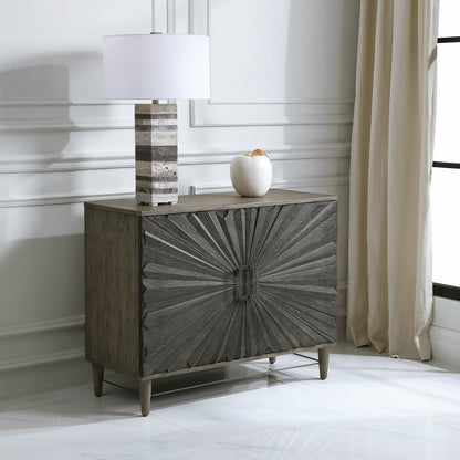 Shield Cabinet by Uttermost in gray. Made from rubber wood, oak veneer, mdf, particle board, steel in a eclectic & global style.