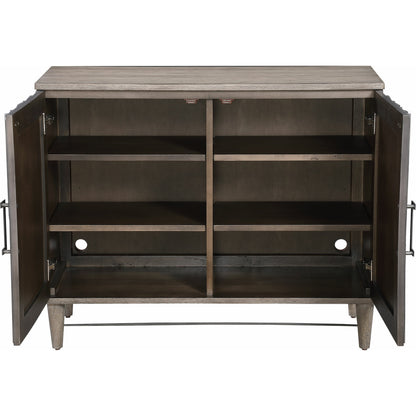 Shield Cabinet by Uttermost in gray. Made from rubber wood, oak veneer, mdf, particle board, steel in a eclectic & global style.