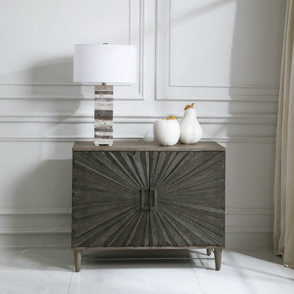 Shield Cabinet by Uttermost in gray. Made from rubber wood, oak veneer, mdf, particle board, steel in a eclectic & global style.