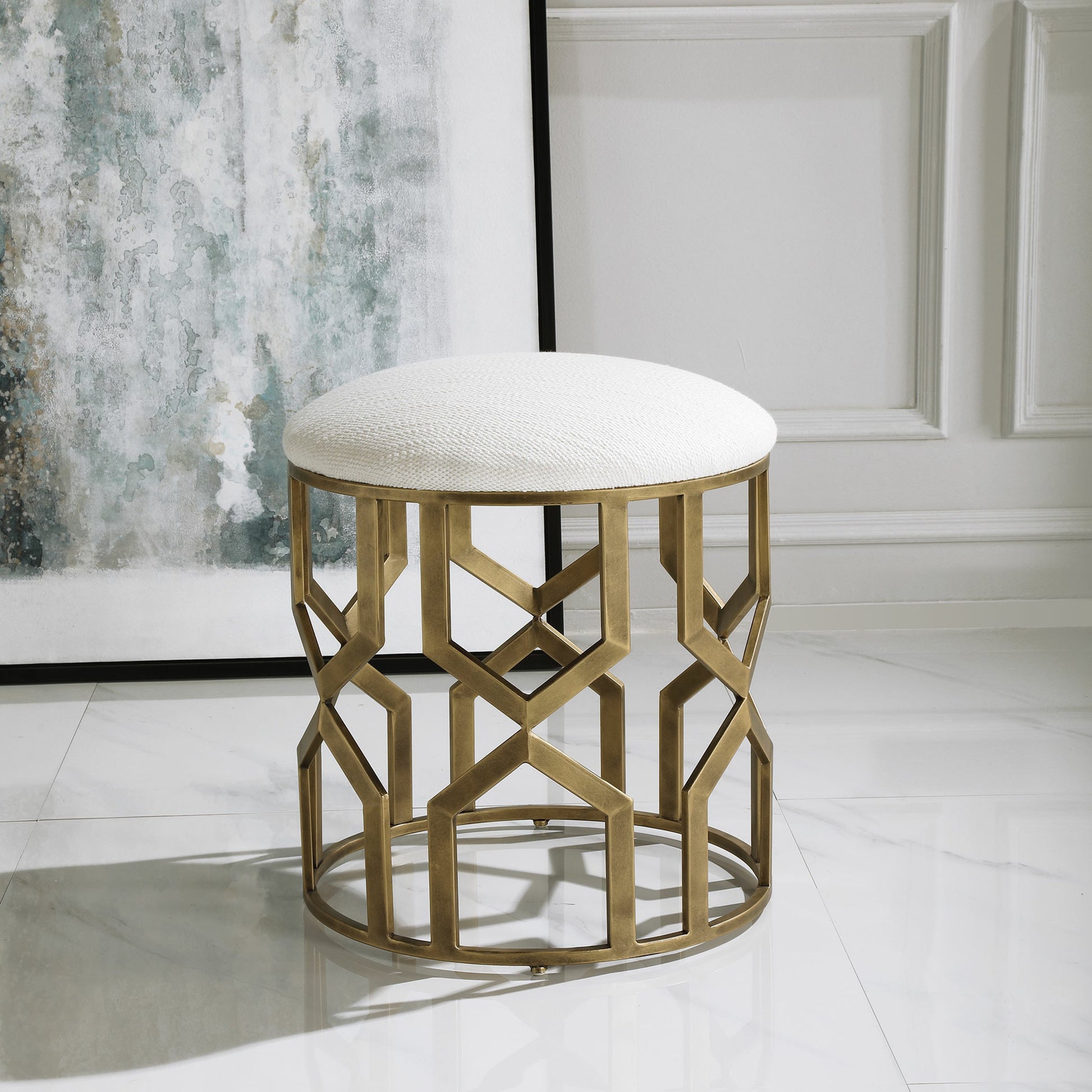 Trellis Geometric Accent Stool by Uttermost. Made from iron, mdf, fabric, foam in a transitional style.