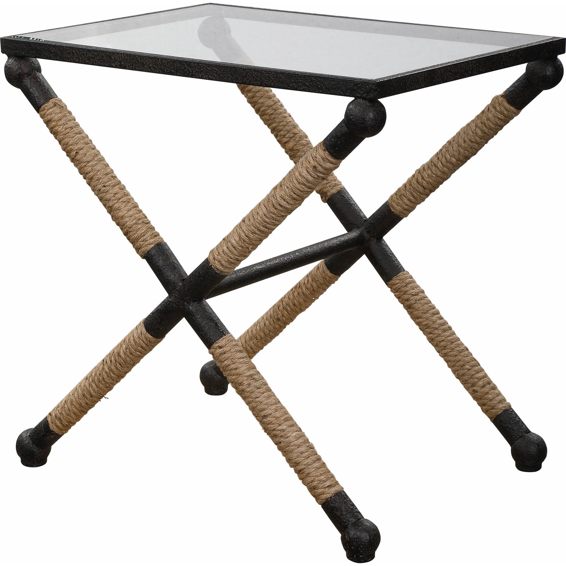 Braddock Accent Table by Uttermost. Made from iron, glass, rope in a coastal style.