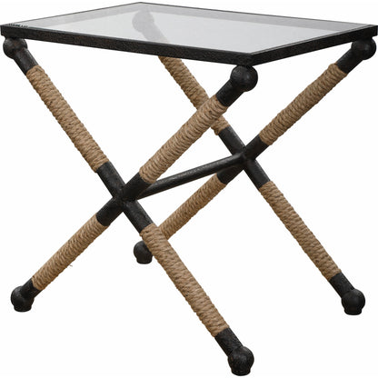 Braddock Accent Table by Uttermost. Made from iron, glass, rope in a coastal style.