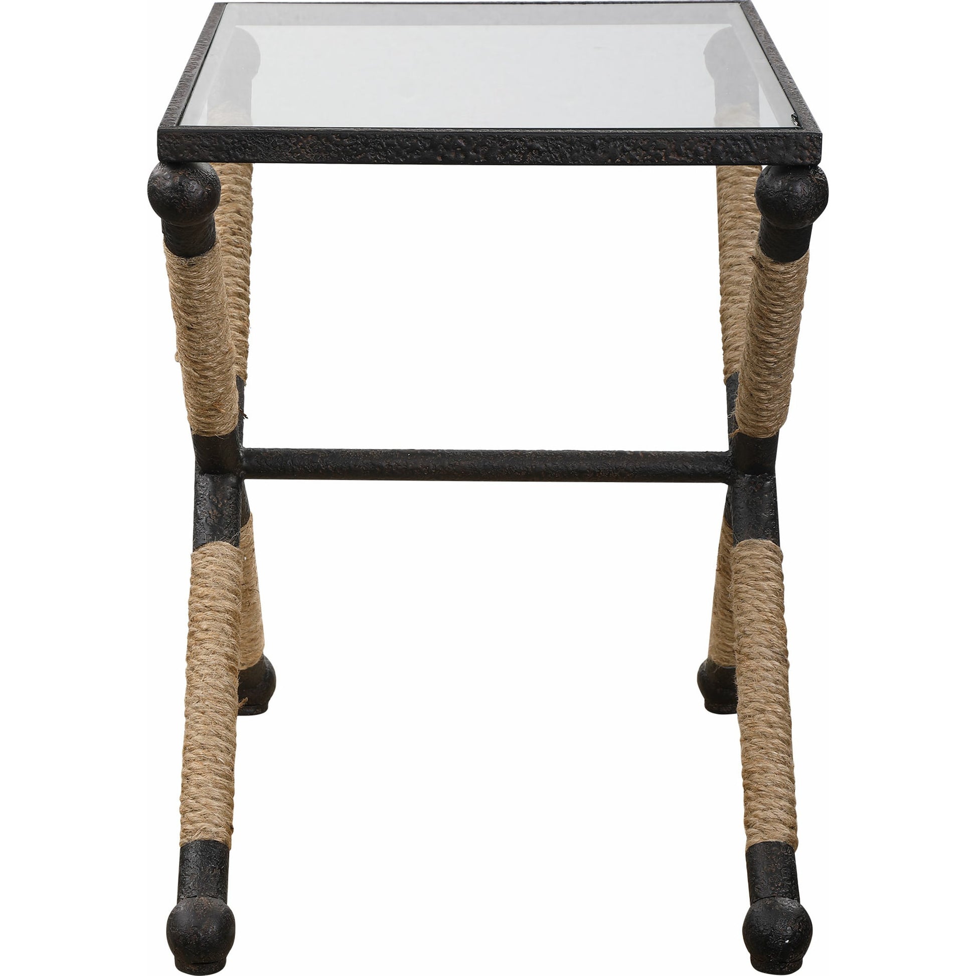 Braddock Accent Table by Uttermost. Made from iron, glass, rope in a coastal style.