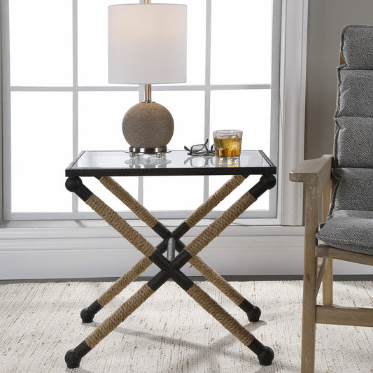 Braddock Accent Table by Uttermost. Made from iron, glass, rope in a coastal style.