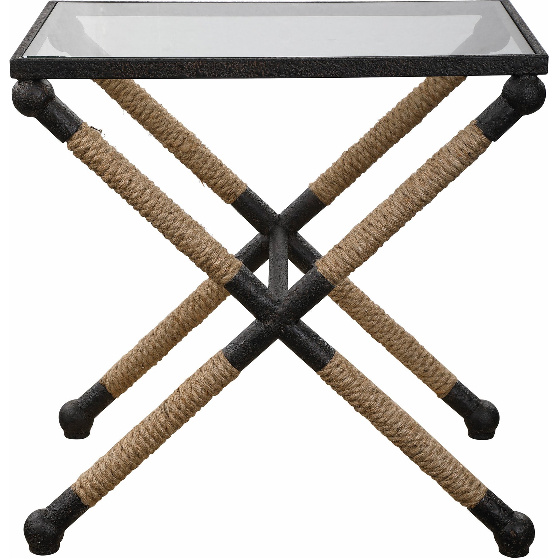 Braddock Accent Table by Uttermost. Made from iron, glass, rope in a coastal style.