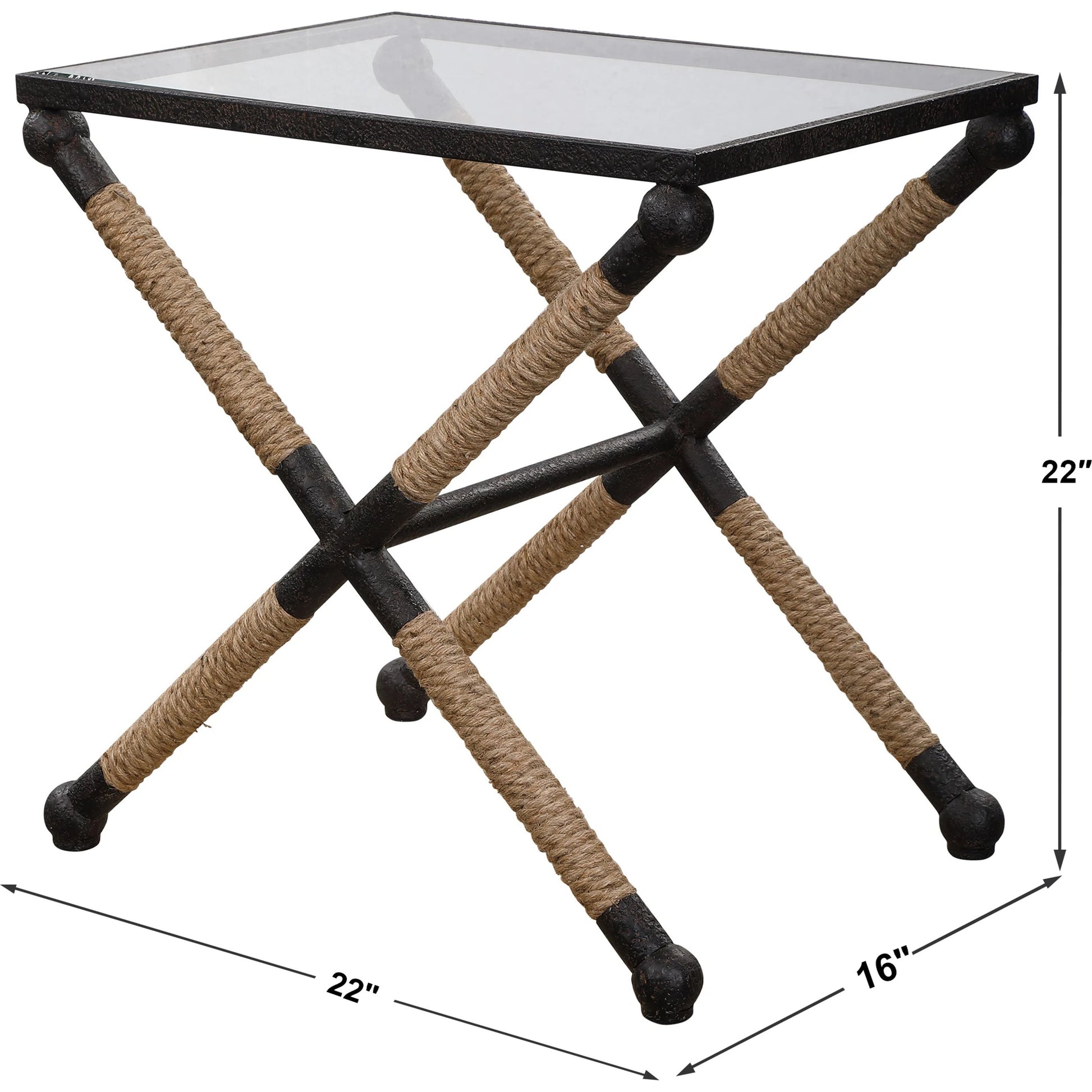 Braddock Accent Table by Uttermost. Made from iron, glass, rope in a coastal style.