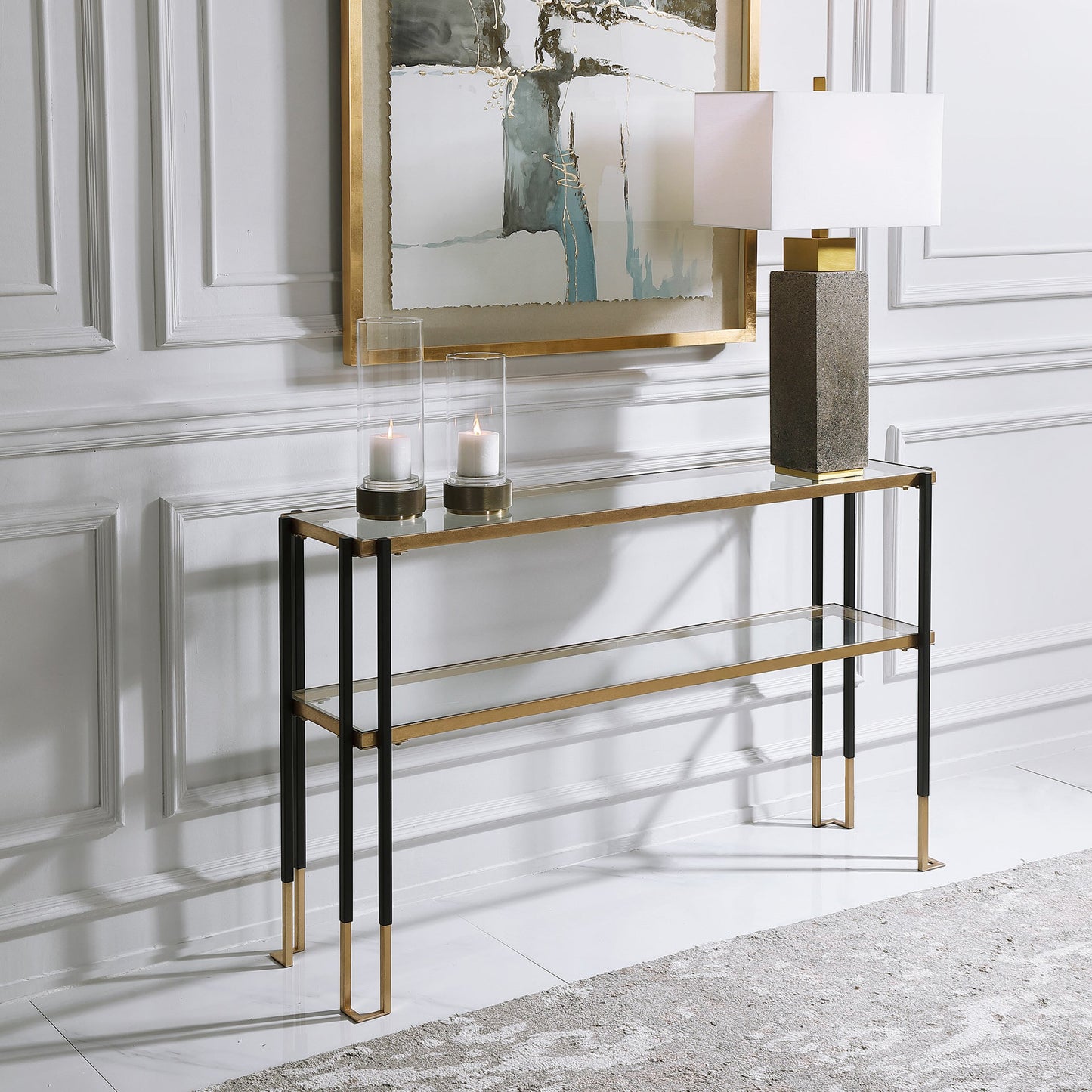 006 SR-824191 | Lifestyle | Kentmore Modern Console Table by Uttermost in matte black, brushed gold. Made from iron, glass in a transitional style.