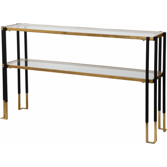 Kentmore Modern Console Table by Uttermost in matte black, brushed gold. Made from iron, glass in a transitional style.
