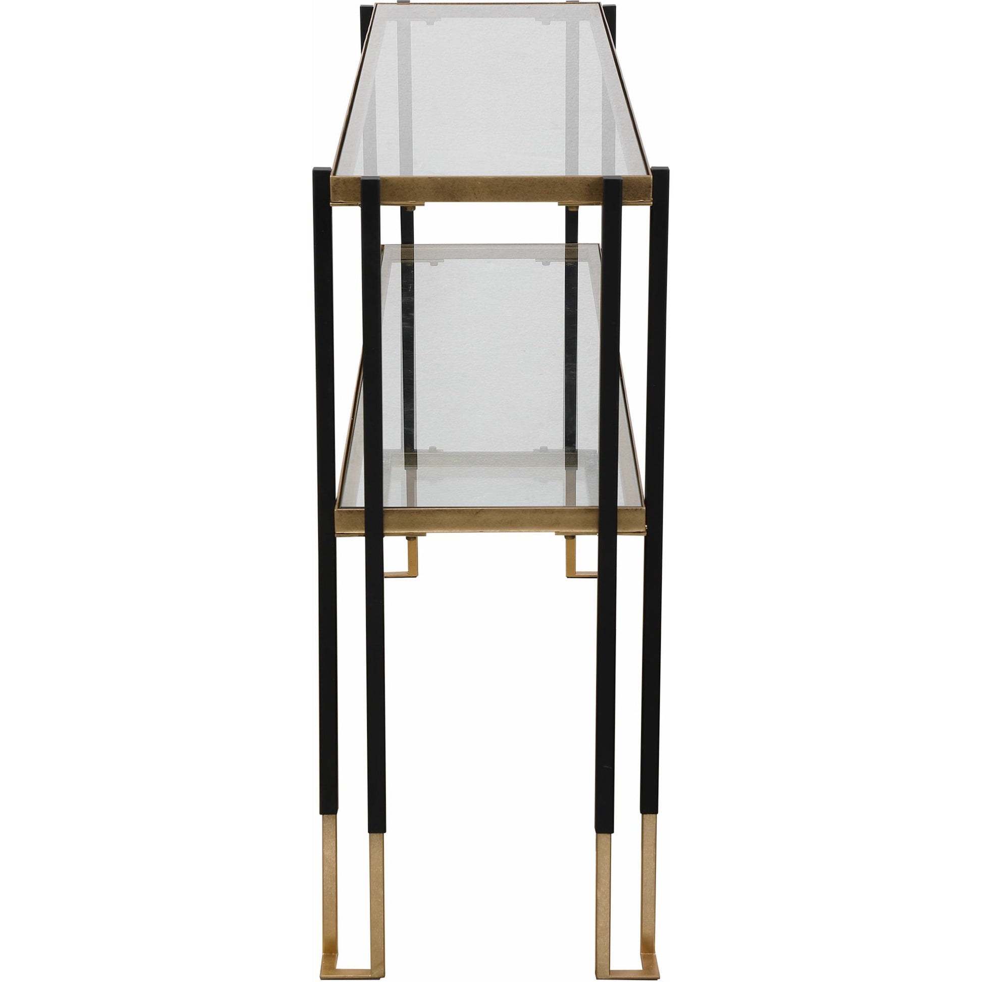Kentmore Modern Console Table by Uttermost in matte black, brushed gold. Made from iron, glass in a transitional style.