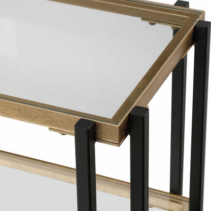 Kentmore Modern Console Table by Uttermost in matte black, brushed gold. Made from iron, glass in a transitional style.