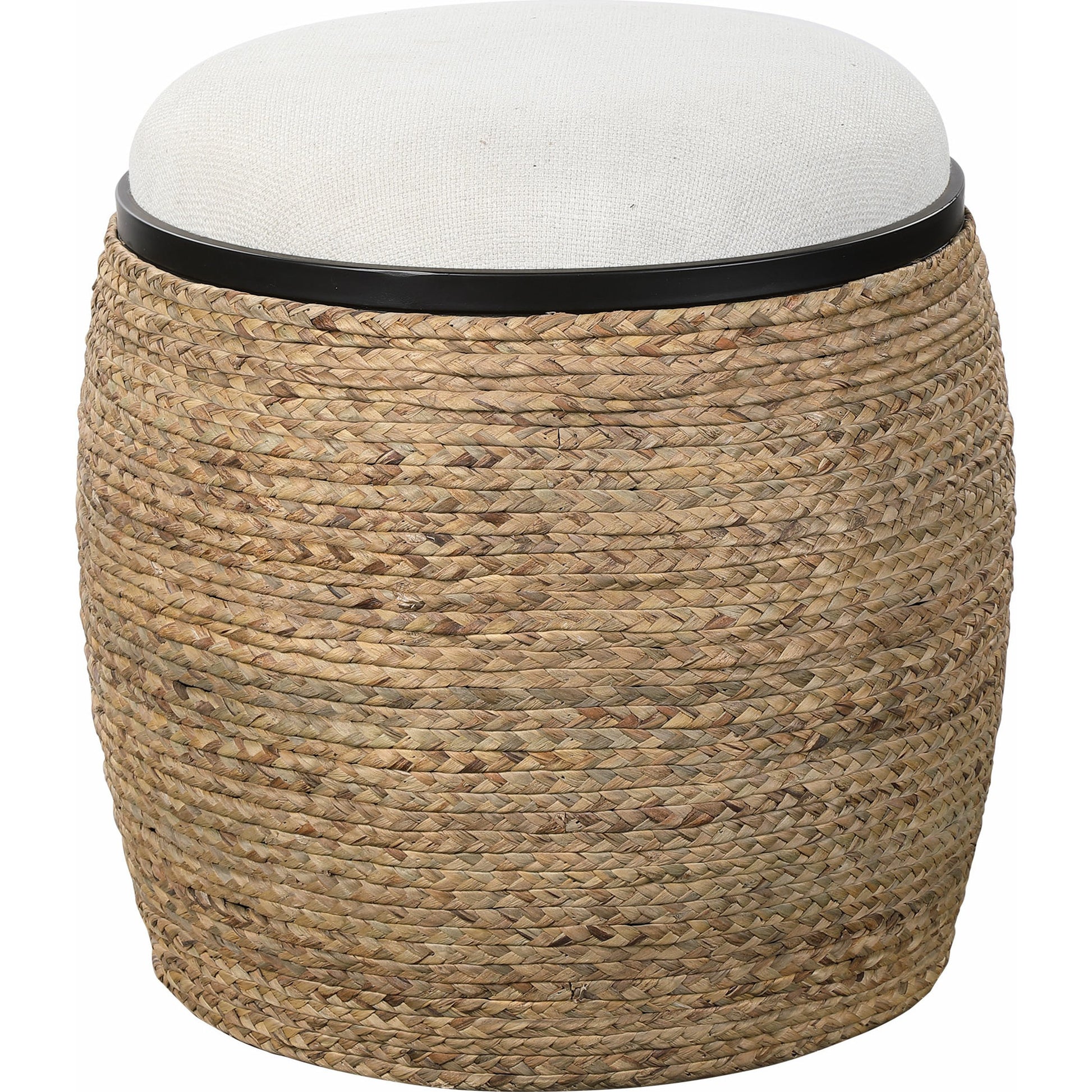 Island Straw Accent Stool by Uttermost. Made from mdf, straw, iron, foam, liene, dacron in a coastal style.