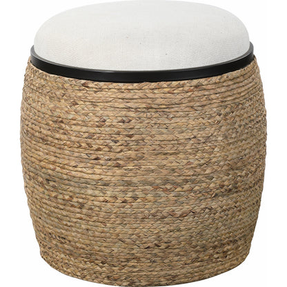Island Straw Accent Stool by Uttermost. Made from mdf, straw, iron, foam, liene, dacron in a coastal style.