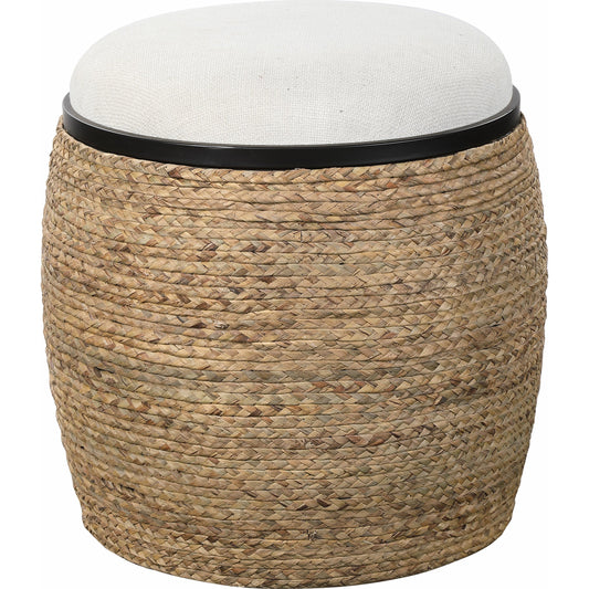 Island Straw Accent Stool by Uttermost. Made from mdf, straw, iron, foam, liene, dacron in a coastal style.