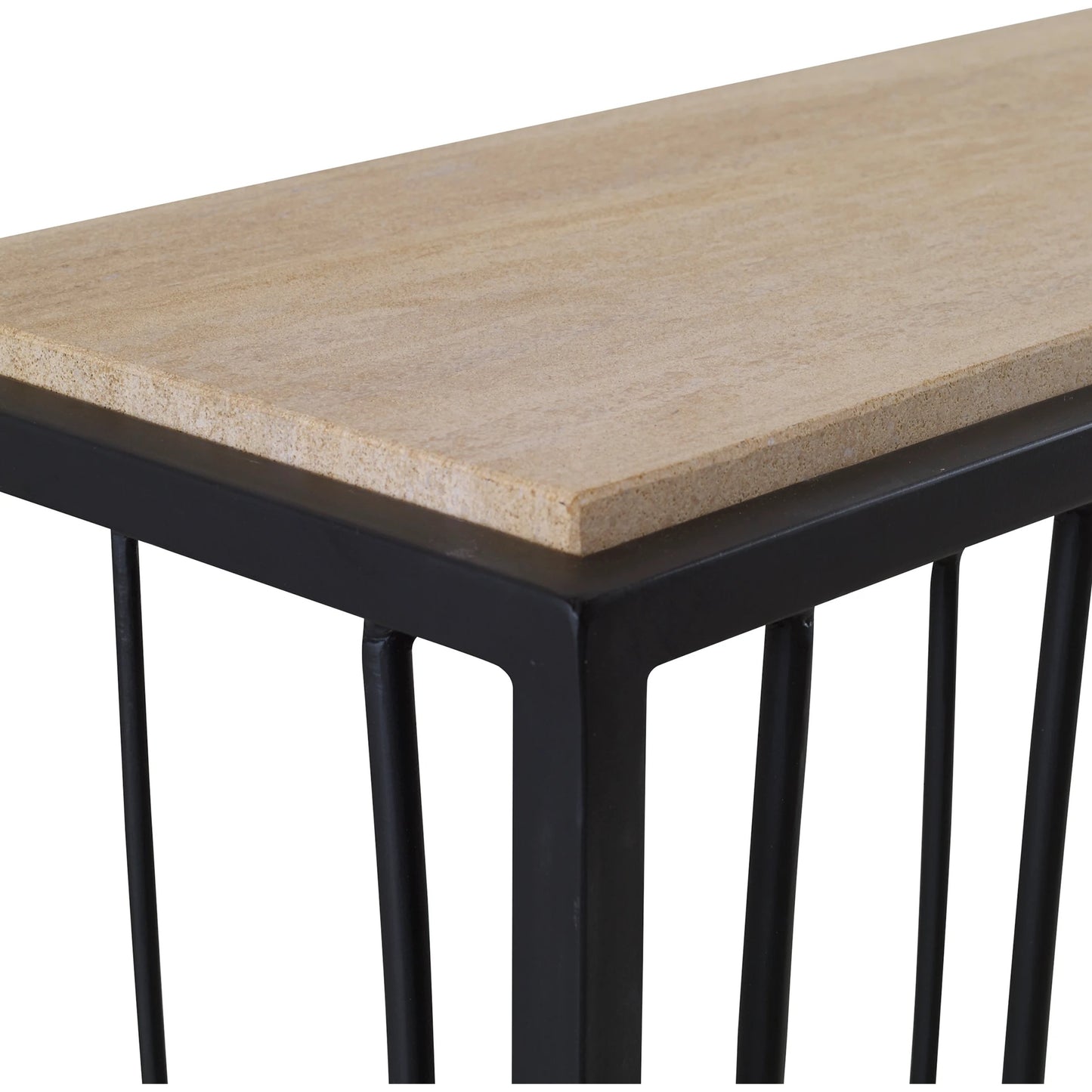 003 SR-824203 | Closeup | Reed Travertine Console Table by Uttermost. Made from metal, stone in a modern style.