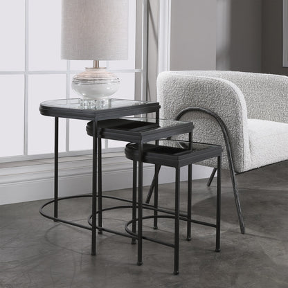 India Nesting Tables by Uttermost in antique brushed gold. Made from mirror 45%, iron 55% in a transitional style.