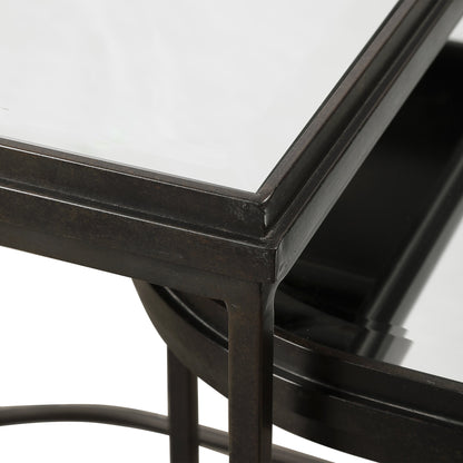 India Nesting Tables by Uttermost in antique brushed gold. Made from mirror 45%, iron 55% in a transitional style.