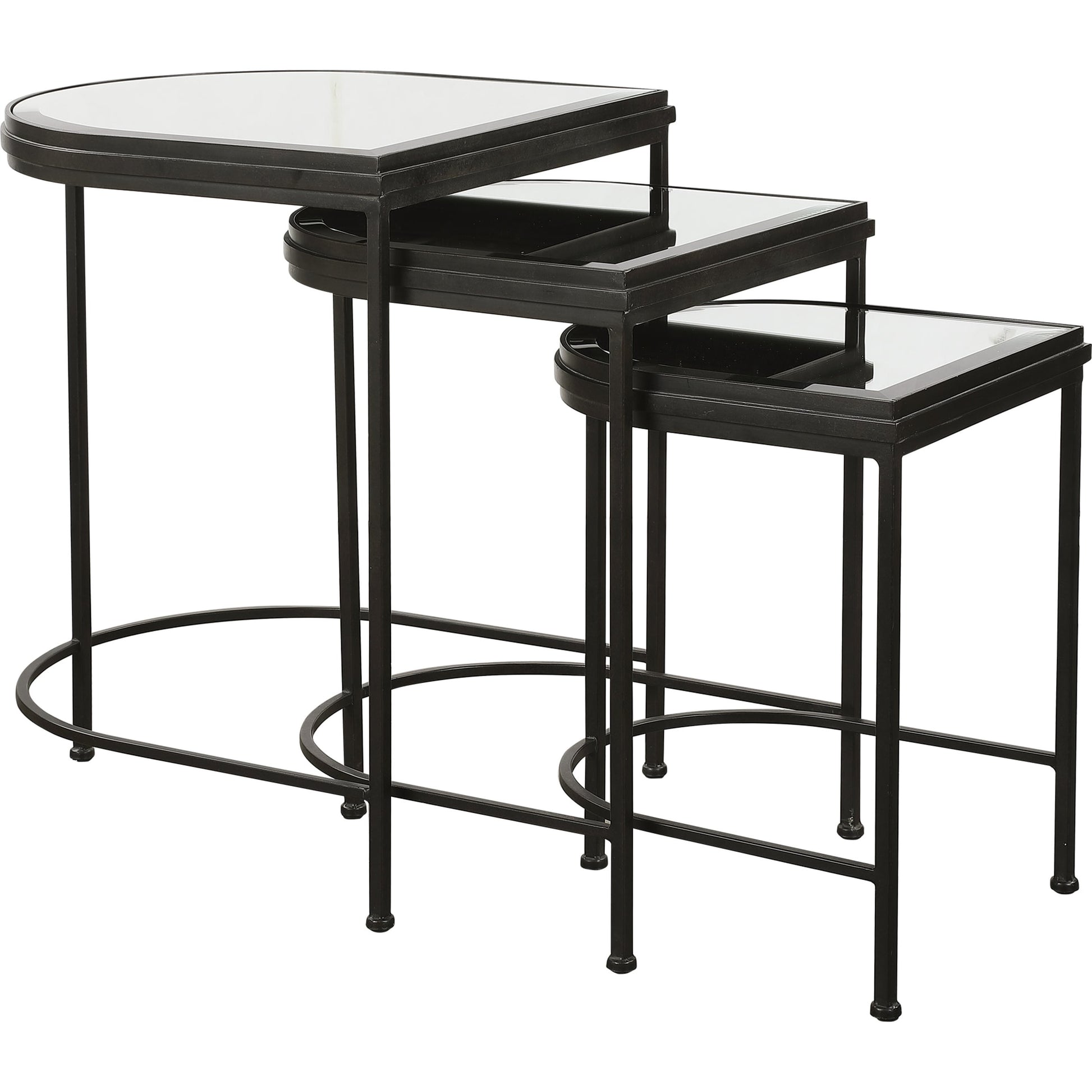 India Nesting Tables by Uttermost in antique brushed gold. Made from mirror 45%, iron 55% in a transitional style.