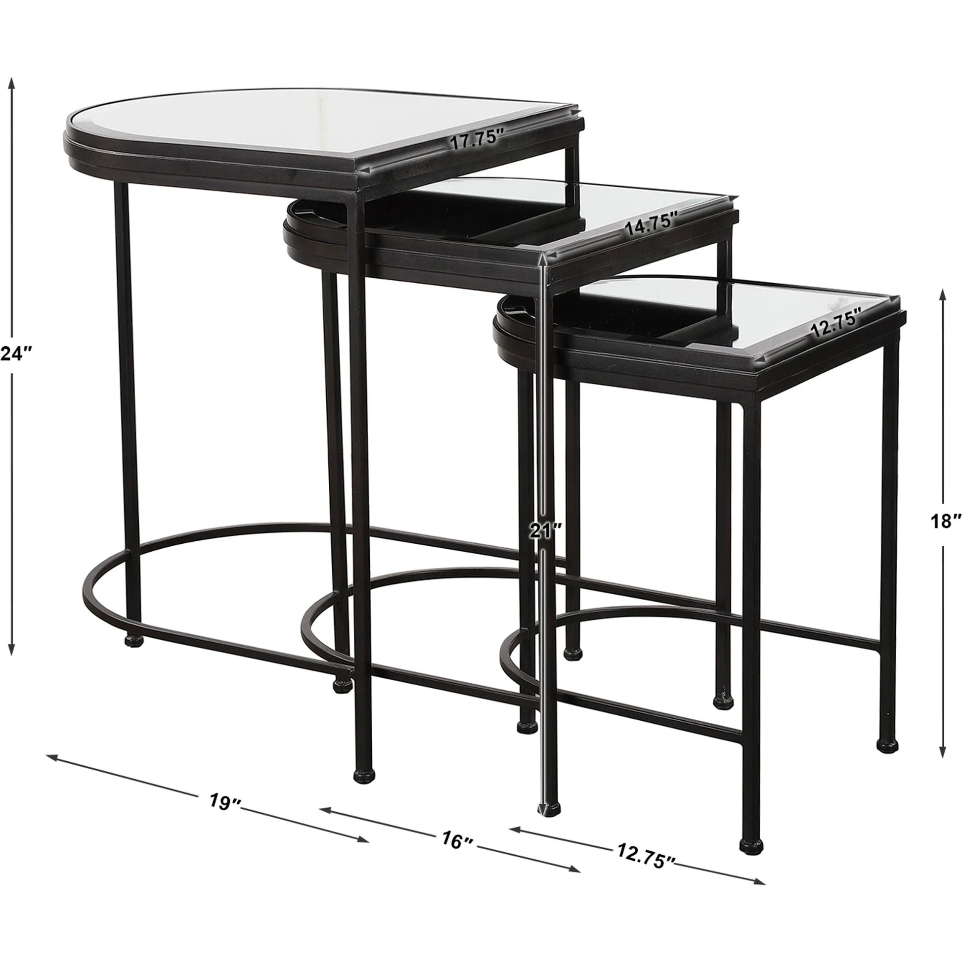 India Nesting Tables by Uttermost in antique brushed gold. Made from mirror 45%, iron 55% in a transitional style.