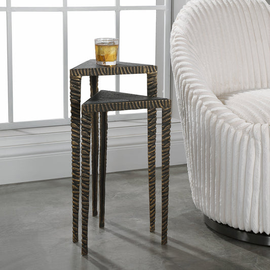 Samiria Triangular Accent Tables by Uttermost. Made from man made lava stone 39%, casting iron 61% in a eclectic & global style.